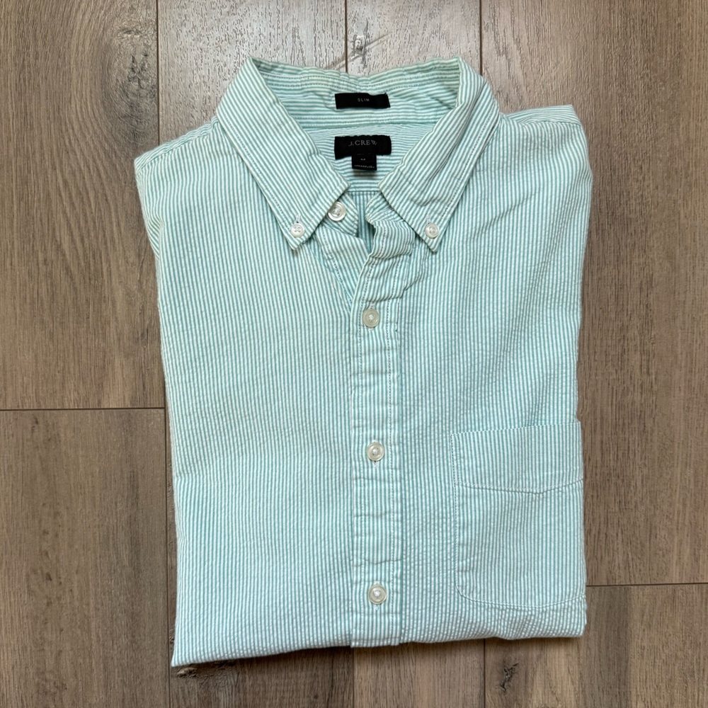J. Crew Lightweight Striped Mint Green Slim Fit Button-Down Shirt